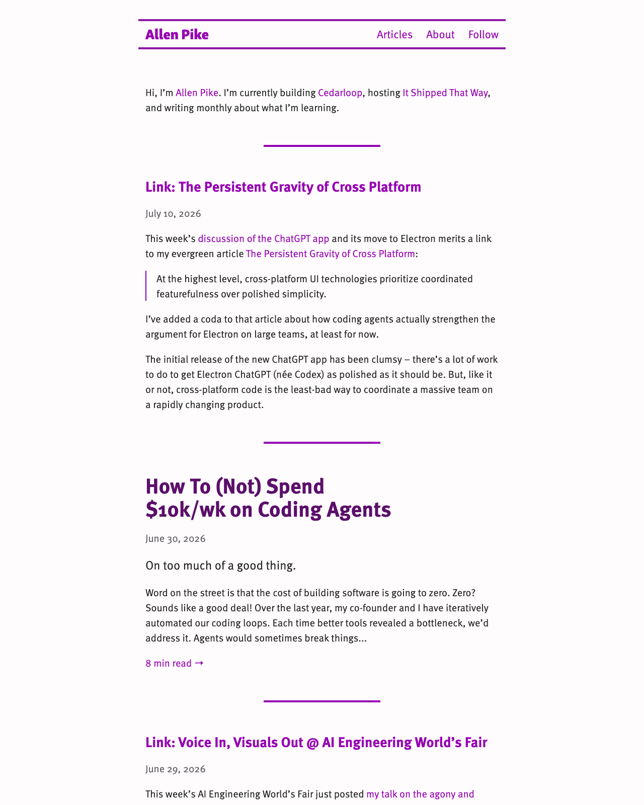 Screenshot of Allen Pike's blog