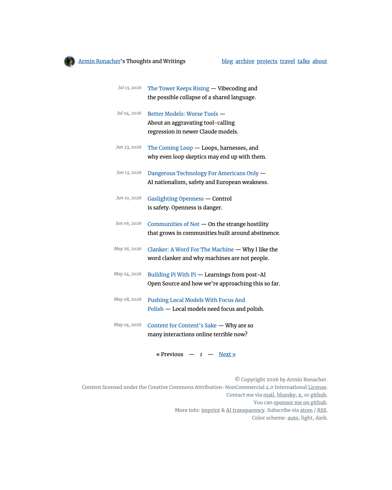 Screenshot of Armin Ronacher's blog