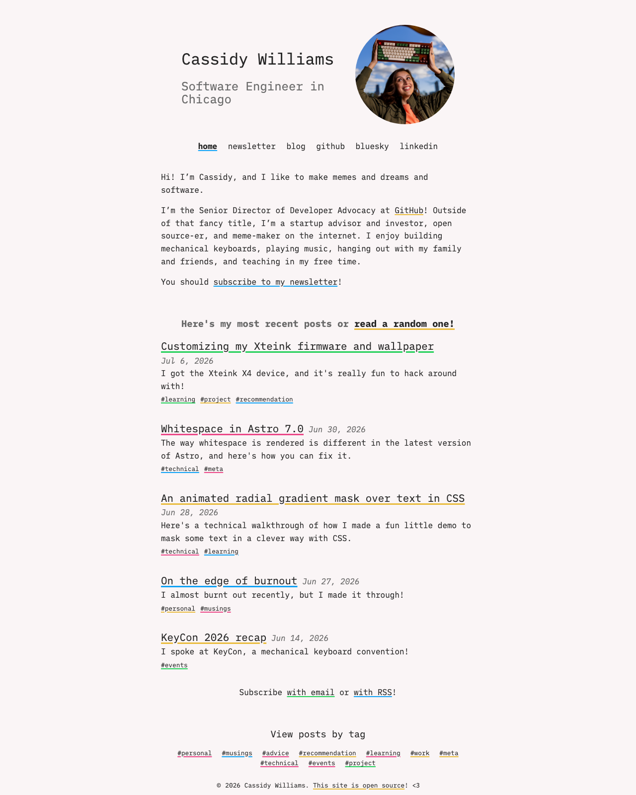 Screenshot of Cassidy Williams's blog