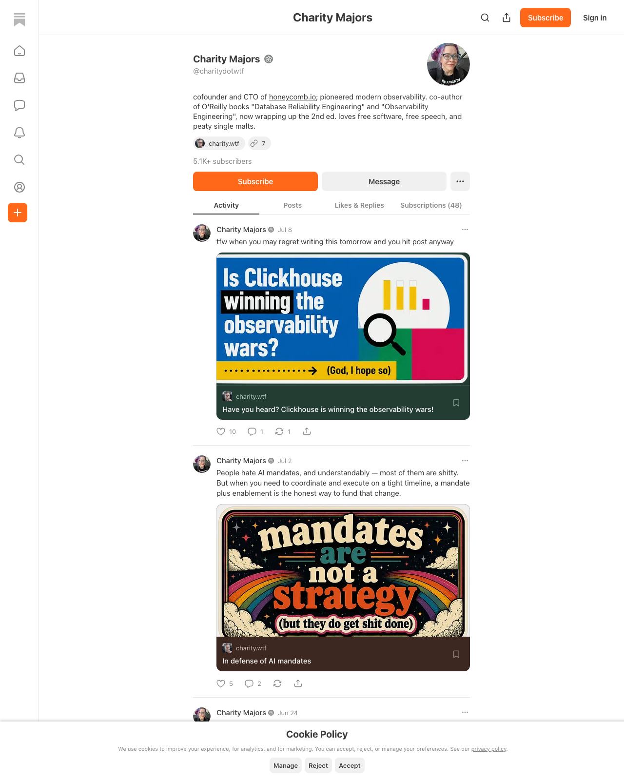 Screenshot of Charity Majors's blog