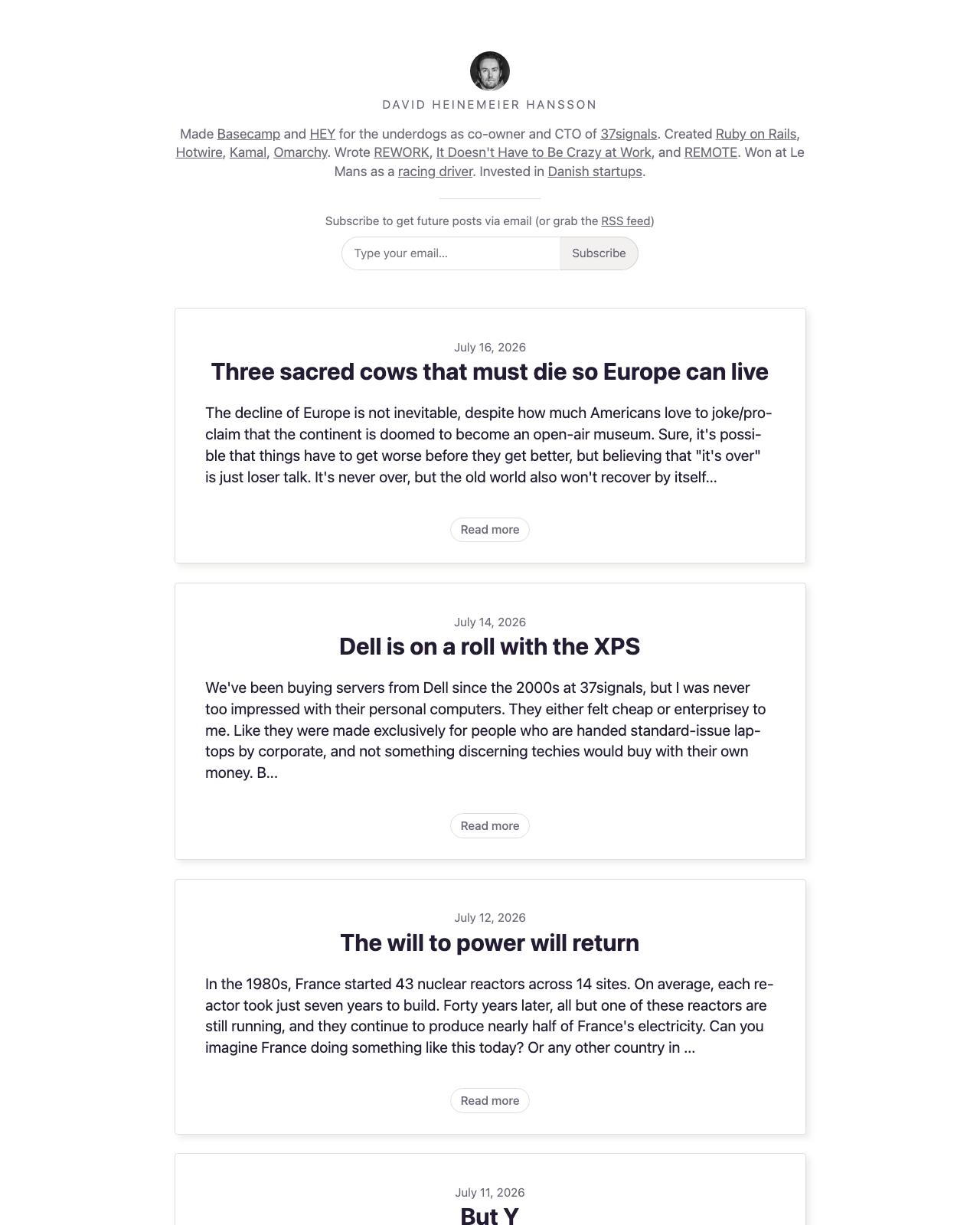 Screenshot of David Heinemeier Hansson's blog