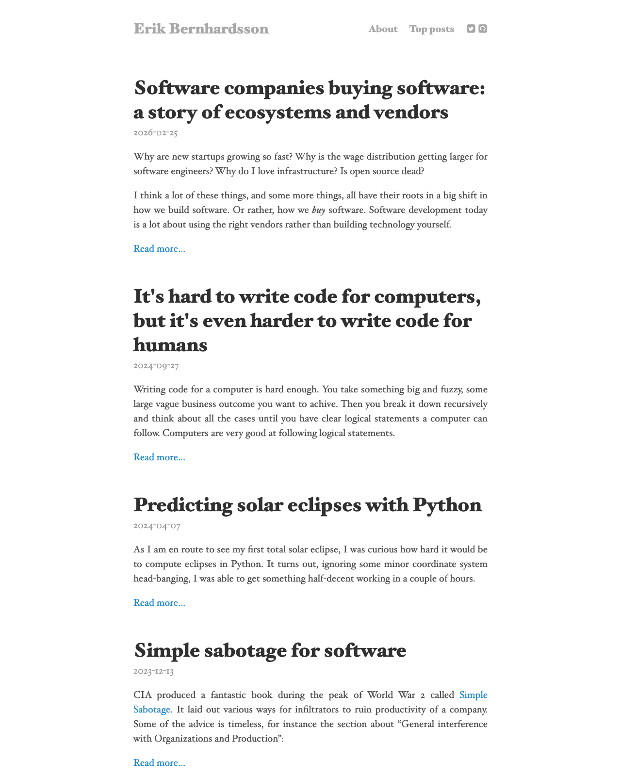 Screenshot of Erik Bernhardsson's blog