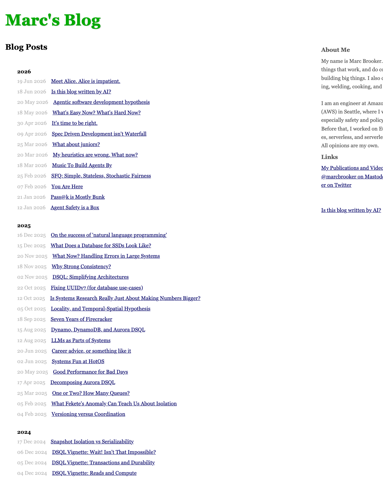 Screenshot of Marc Brooker's blog