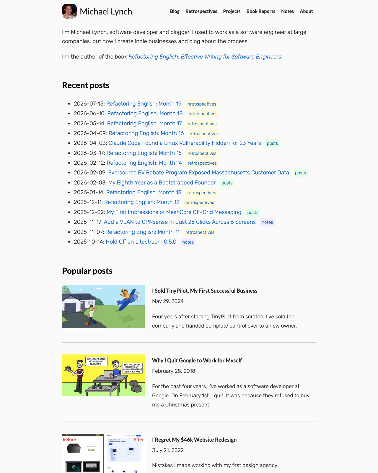 Screenshot of Michael Lynch's blog