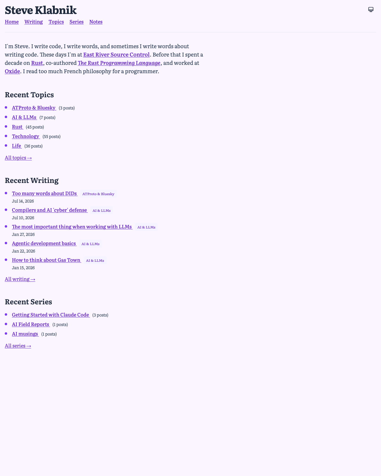 Screenshot of Steve Klabnik's blog